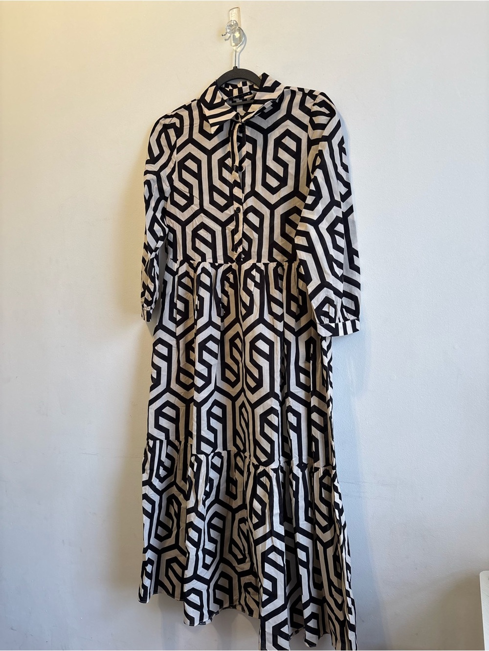 Zara Black and Cream Geometric Tiered Maxi Dress